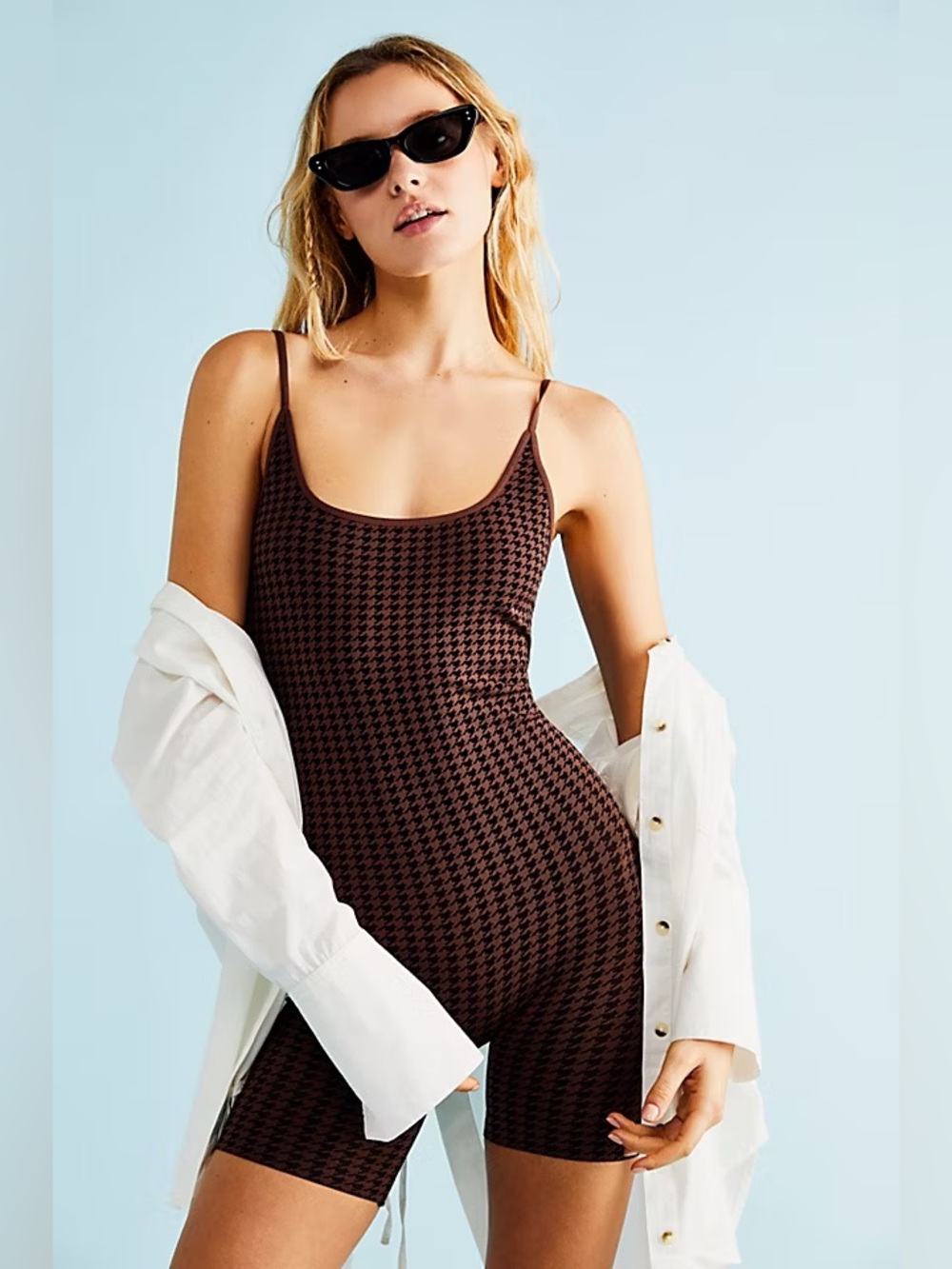 Free People One To Watch Romper One Piece Houndstooth Brown